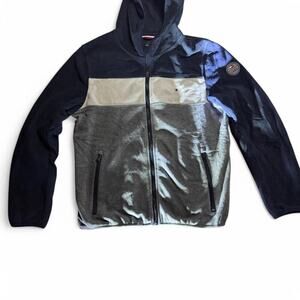 Navy blue and grey hooded
